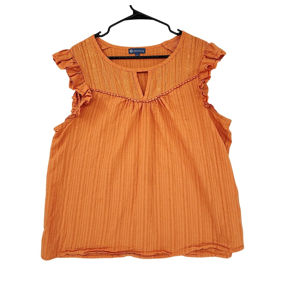 Democracy Peasant Top L Orange Ruffle Sleeve Embroidered Boho Blouse Cottagecore